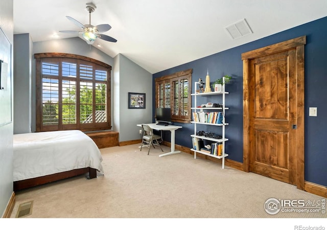 5709 Old Legacy Dr, Fort Collins, CO 80528 - carpeted bedroom with lofted ceiling and ceiling fan