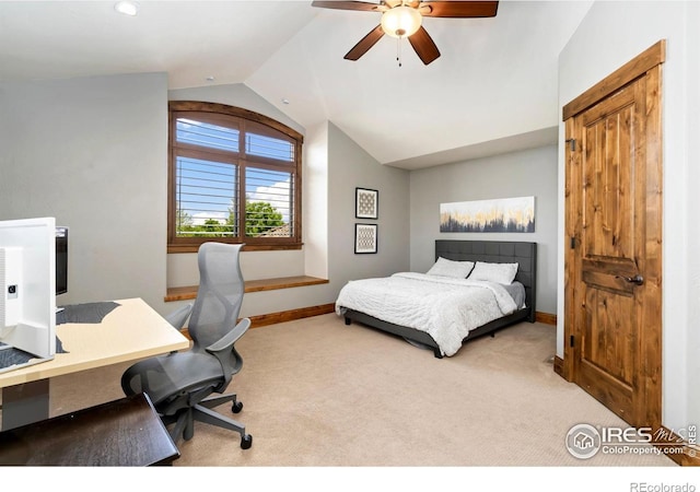 5709 Old Legacy Dr, Fort Collins, CO 80528 - bedroom featuring carpet floors, vaulted ceiling, an office area, and a ceiling fan