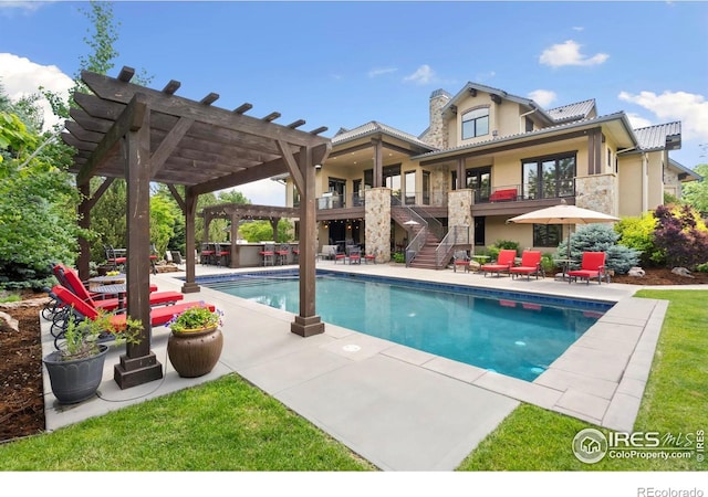5709 Old Legacy Dr, Fort Collins, CO 80528 - outdoor pool featuring stairway, a pergola, and a patio area
