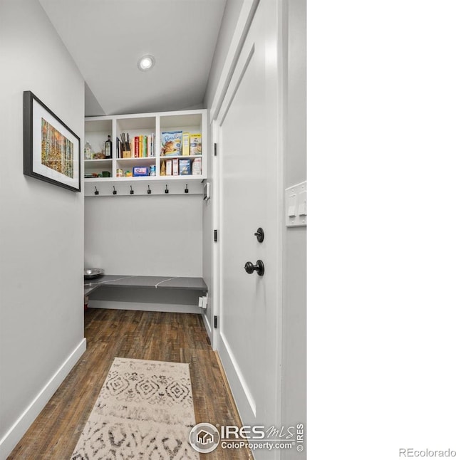 365 Mohawk Dr, Boulder, CO 80303 - mudroom featuring dark wood-style flooring, baseboards, and recessed lighting