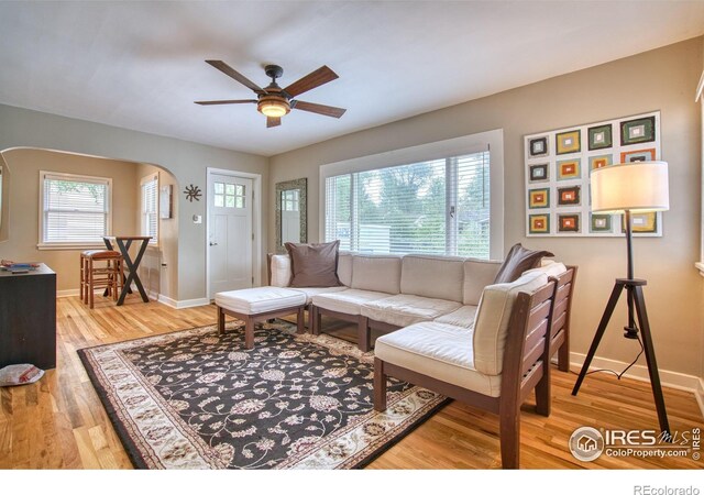 1233 Carolina Ave, Longmont, CO 80501 - living room featuring baseboards, ceiling fan, light wood finished floors, and arched walkways