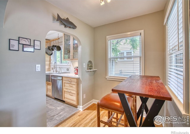 1233 Carolina Ave, Longmont, CO 80501 - kitchen featuring dishwasher, light wood finished floors, arched walkways, baseboards, and light countertops