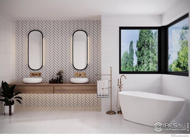 1265 Hartford Dr, Boulder, CO 80305 - bathroom with tile walls, a soaking tub, tile patterned floors, and double vanity