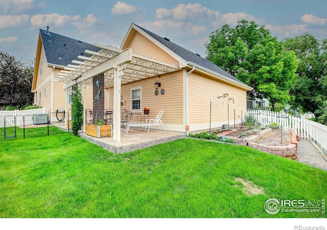 1421 Canal Dr, Windsor, CO 80550 - rear view of property with a garden, a patio area, a pergola, central air condition unit, and roof with shingles
