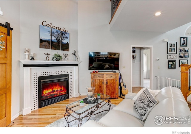 1421 Canal Dr, Windsor, CO 80550 - living room featuring wood finished floors, a barn door, and a tile fireplace