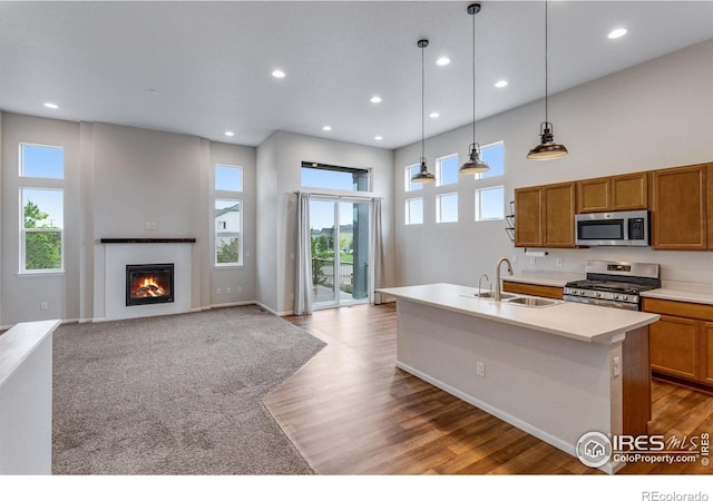 3997 Forest Lake Ct, Loveland, CO 80538 - kitchen with stainless steel appliances, a sink, brown cabinetry, light wood-style floors, and recessed lighting