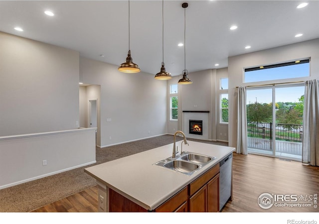 3997 Forest Lake Ct, Loveland, CO 80538 - kitchen featuring a sink, open floor plan, dishwasher, brown cabinets, and light wood-style flooring