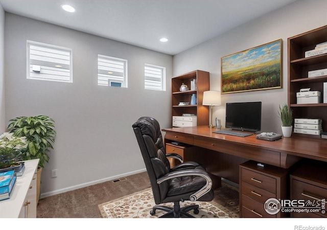 3997 Forest Lake Ct, Loveland, CO 80538 - carpeted office space featuring baseboards and recessed lighting