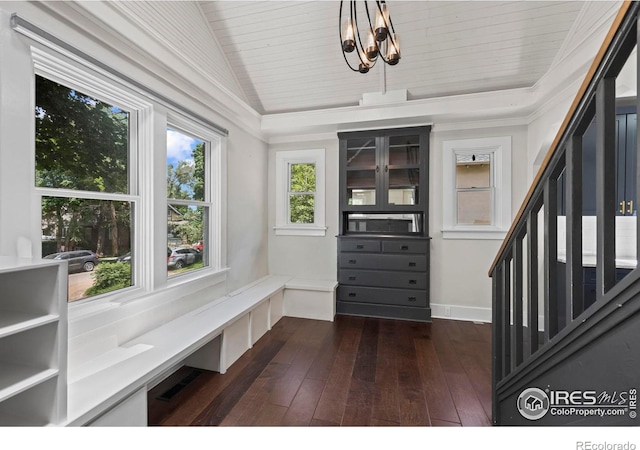 1010 Euclid Ave, Boulder, CO 80302 - foyer with dark wood finished floors, stairs, vaulted ceiling, wood ceiling, and a chandelier