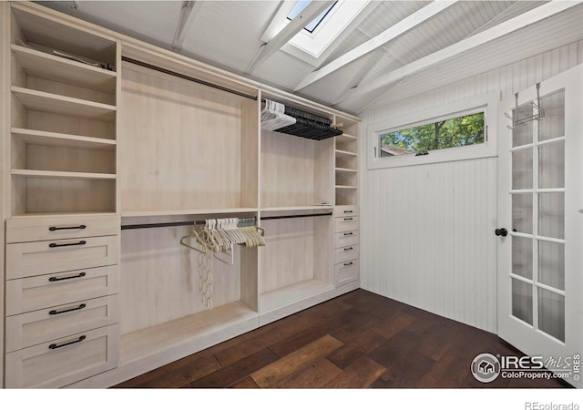 1010 Euclid Ave, Boulder, CO 80302 - walk in closet featuring vaulted ceiling, a skylight, and dark wood-style flooring