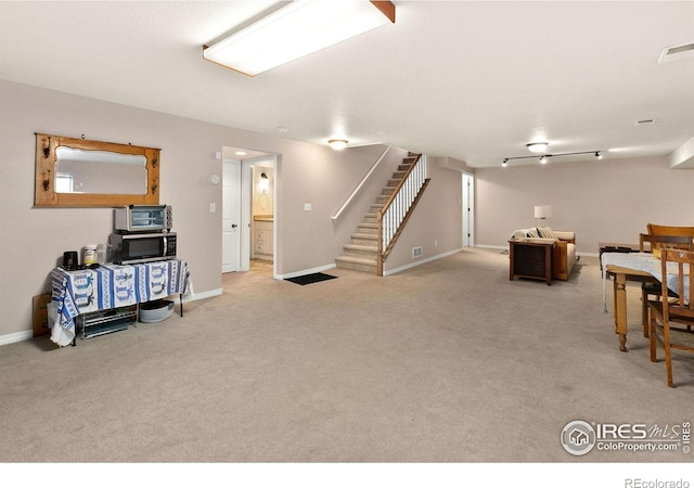 1421 Snipe Ln, Fort Collins, CO 80524 - finished below grade area with stairs, carpet flooring, and baseboards