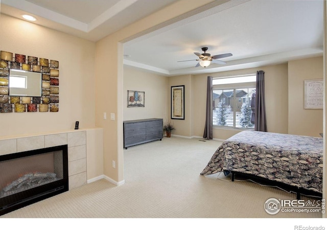 1060 Arrowhead Ct, Erie, CO 80516 - bedroom featuring carpet, a fireplace, baseboards, and ceiling fan