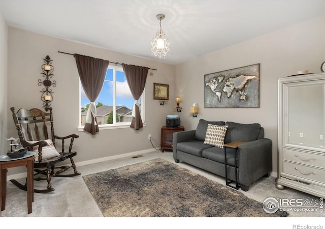 6757 Sage Meadows Dr, Wellington, CO 80549 - carpeted living area featuring a chandelier and baseboards