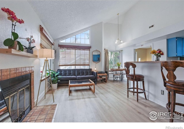 6076 Gunbarrel Ave Unit F, Boulder, CO 80301 - living room featuring vaulted ceiling, light wood-style flooring, a textured ceiling, and a tile fireplace