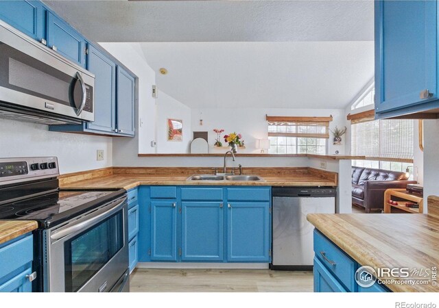 6076 Gunbarrel Ave Unit F, Boulder, CO 80301 - kitchen with appliances with stainless steel finishes, a sink, blue cabinets, lofted ceiling, and a peninsula