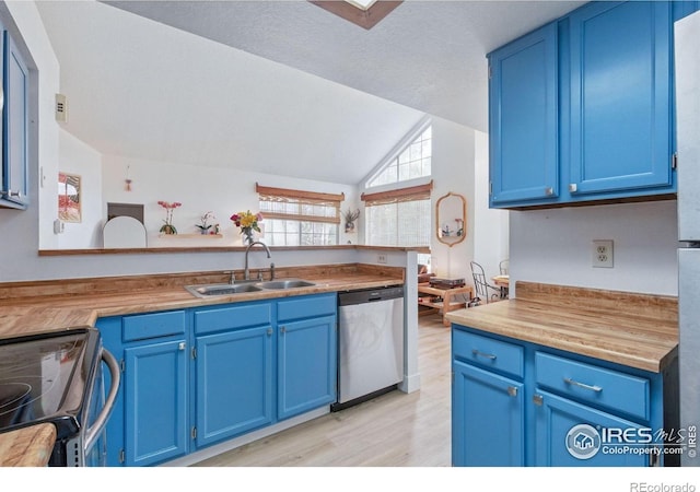 6076 Gunbarrel Ave Unit F, Boulder, CO 80301 - kitchen featuring dishwasher, blue cabinetry, a sink, range with electric cooktop, and light wood-style floors