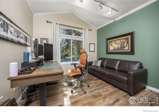 1892 Bell Dr, Erie, CO 80516 - home office with wood finished floors, rail lighting, vaulted ceiling, baseboards, and ornamental molding