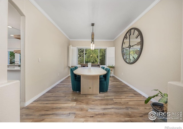 1892 Bell Dr, Erie, CO 80516 - dining room with baseboards, crown molding, wood finished floors, and arched walkways