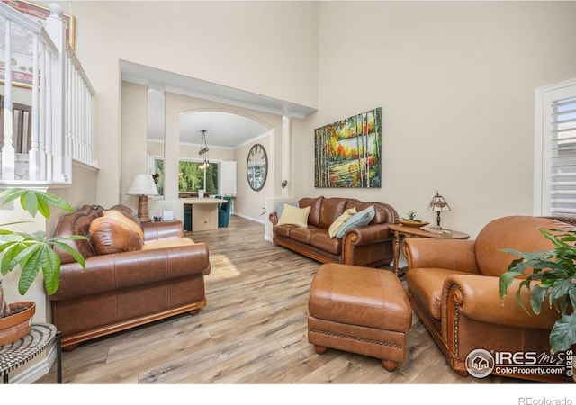 1892 Bell Dr, Erie, CO 80516 - living area with a towering ceiling, light wood-style floors, ornamental molding, baseboards, and arched walkways
