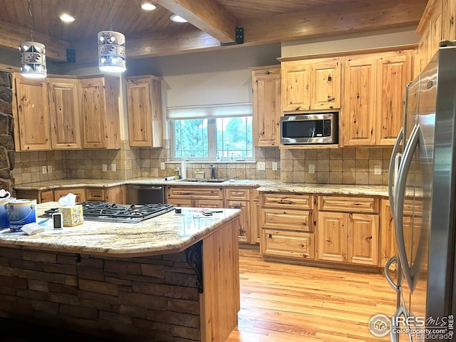 33180 Pikes Peak Dr, Greeley, CO 80631 - kitchen with stainless steel appliances, a sink, wood ceiling with exposed beams, light wood-type flooring, and recessed lighting