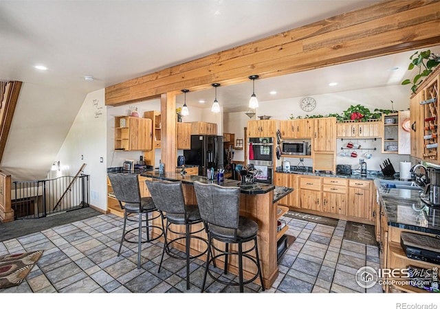 39445 Main St, Eaton, CO 80615 - kitchen featuring open shelves, appliances with stainless steel finishes, stone finish floors, a breakfast bar, and recessed lighting