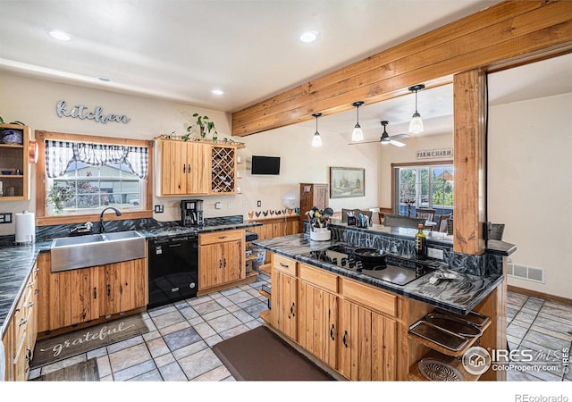 39445 Main St, Eaton, CO 80615 - kitchen with black appliances, dark countertops, recessed lighting, a ceiling fan, and beam ceiling