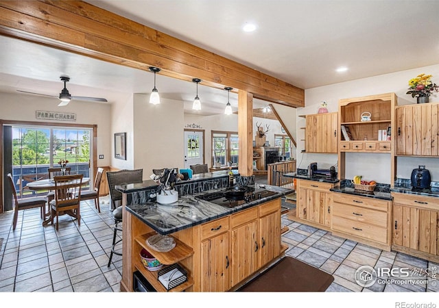 39445 Main St, Eaton, CO 80615 - kitchen with open shelves, dark countertops, recessed lighting, beam ceiling, and ceiling fan
