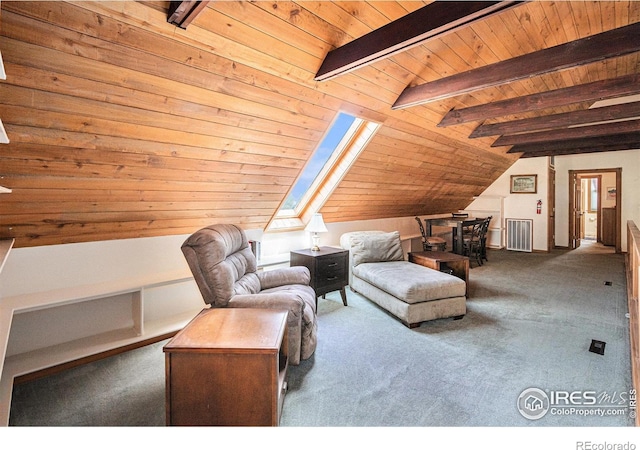 39445 Main St, Eaton, CO 80615 - carpeted living room featuring wood ceiling and a skylight