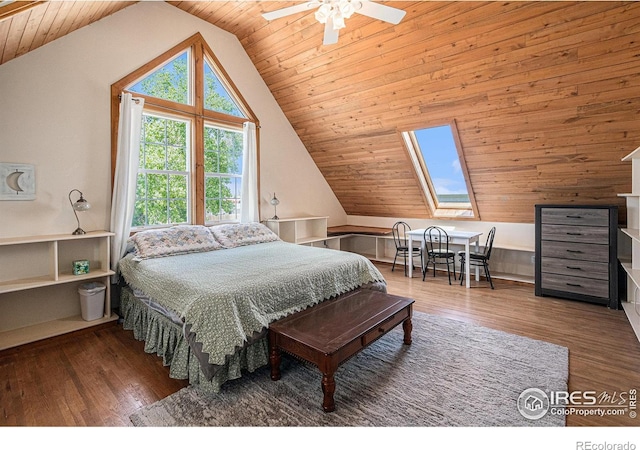 39445 Main St, Eaton, CO 80615 - bedroom featuring wood finished floors, wood ceiling, lofted ceiling, and a skylight