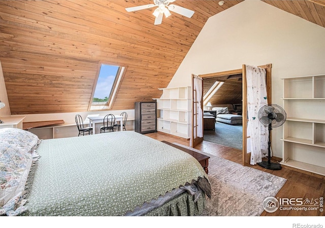 39445 Main St, Eaton, CO 80615 - bedroom with wood ceiling, vaulted ceiling, wood finished floors, and a ceiling fan