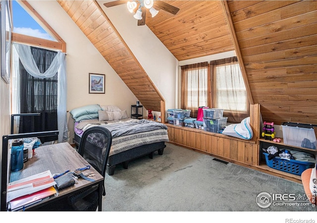 39445 Main St, Eaton, CO 80615 - bedroom featuring carpet, lofted ceiling, wood ceiling, and a ceiling fan