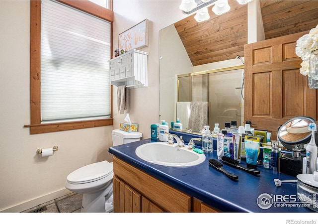 39445 Main St, Eaton, CO 80615 - full bathroom featuring a stall shower, vanity, and vaulted ceiling