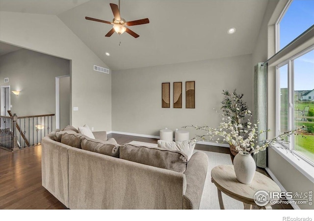 1368 Waterfall St, Timnath, CO 80547 - living room with high vaulted ceiling, ceiling fan, wood finished floors, recessed lighting, and baseboards