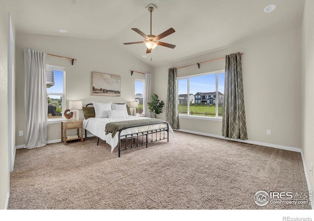 1368 Waterfall St, Timnath, CO 80547 - bedroom with lofted ceiling, carpet flooring, and a ceiling fan