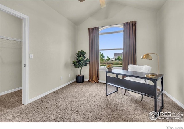 1368 Waterfall St, Timnath, CO 80547 - carpeted home office with lofted ceiling, ceiling fan, and baseboards