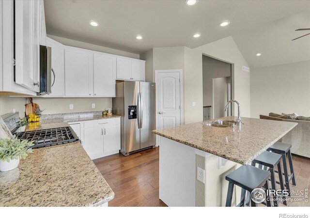 1368 Waterfall St, Timnath, CO 80547 - kitchen featuring appliances with stainless steel finishes, dark wood-style flooring, light stone counters, recessed lighting, and open floor plan