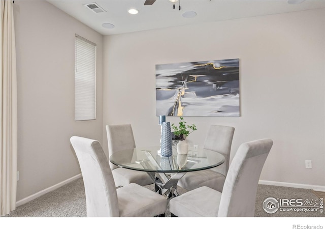 17871 E 96th Pl, Commerce City, CO 80022 - dining space featuring carpet, baseboards, a ceiling fan, and recessed lighting