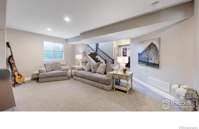 6945 N Fargo Trl, Littleton, CO 80125 - carpeted living room with stairs and recessed lighting
