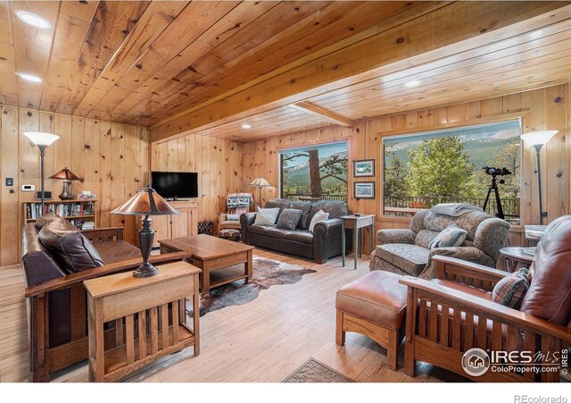 6600 State Highway 7, Estes Park, CO 80517 - living area featuring wooden ceiling, wood walls, and light wood-style floors