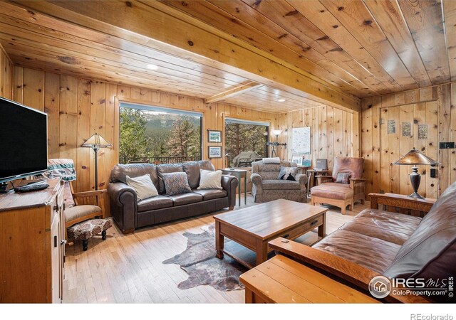 6600 State Highway 7, Estes Park, CO 80517 - living room with wood ceiling, wooden walls, and hardwood / wood-style flooring