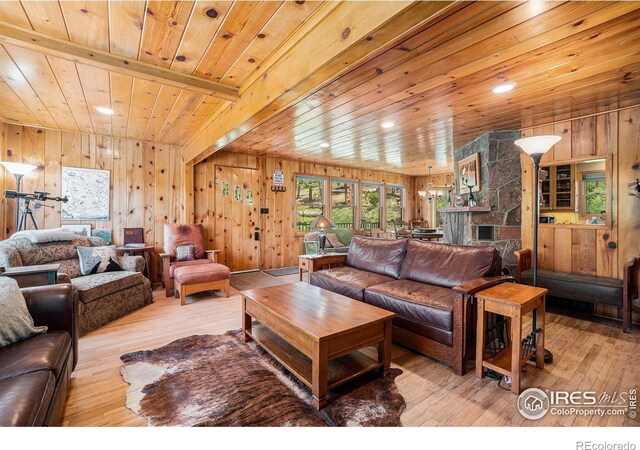6600 State Highway 7, Estes Park, CO 80517 - living area with wood ceiling with exposed beams, wooden walls, hardwood / wood-style flooring, and recessed lighting