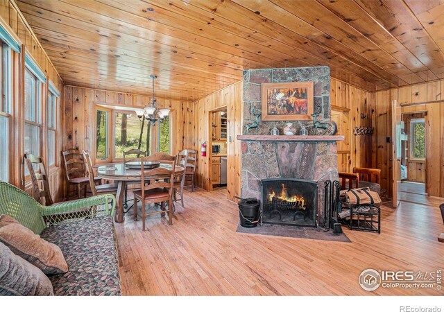 6600 State Highway 7, Estes Park, CO 80517 - dining room featuring wooden walls, wood-type flooring, lofted ceiling, a chandelier, and wooden ceiling