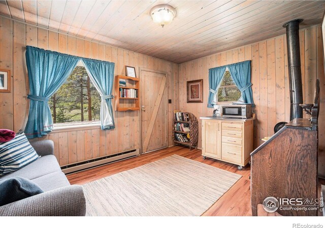 6600 State Highway 7, Estes Park, CO 80517 - office space with baseboard heating, wood walls, wooden ceiling, and light wood finished floors