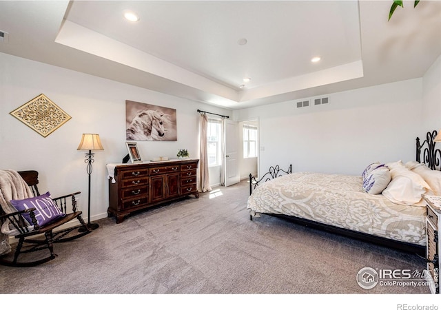 1191 Horsetail Loop, Elizabeth, CO 80107 - bedroom featuring a tray ceiling, light carpet, baseboards, and recessed lighting