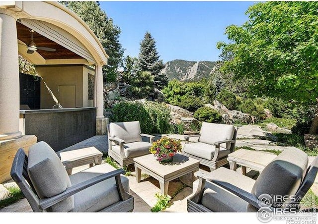 45 Bellevue Dr, Boulder, CO 80302 - view of patio / terrace featuring an outdoor living space and a mountain view