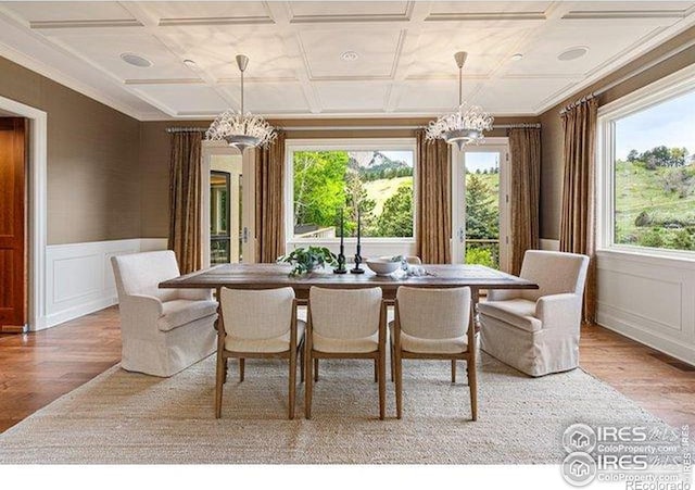 45 Bellevue Dr, Boulder, CO 80302 - dining space featuring a chandelier, wood finished floors, a decorative wall, and wainscoting