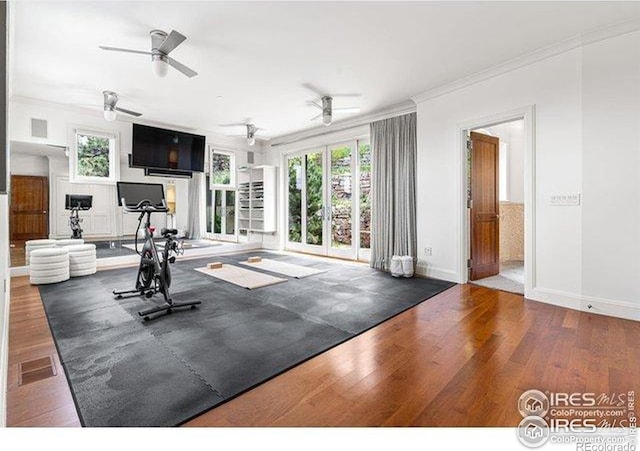 45 Bellevue Dr, Boulder, CO 80302 - exercise area featuring wood finished floors, baseboards, crown molding, and a ceiling fan