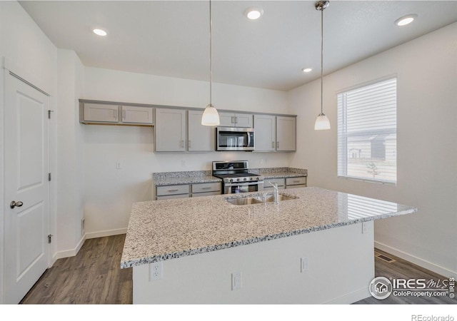 250 Chardon Ave, Brighton, CO 80601 - kitchen with appliances with stainless steel finishes, gray cabinets, a sink, dark wood-style flooring, and recessed lighting