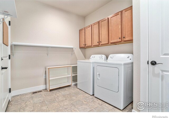 4751 Pleasant Oak Dr Unit A28, Fort Collins, CO 80525 - laundry room featuring separate washer and dryer, cabinet space, baseboards, and stone finish flooring