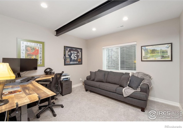 5966 Sunny Crest Dr, Timnath, CO 80547 - office with carpet, baseboards, recessed lighting, and beam ceiling